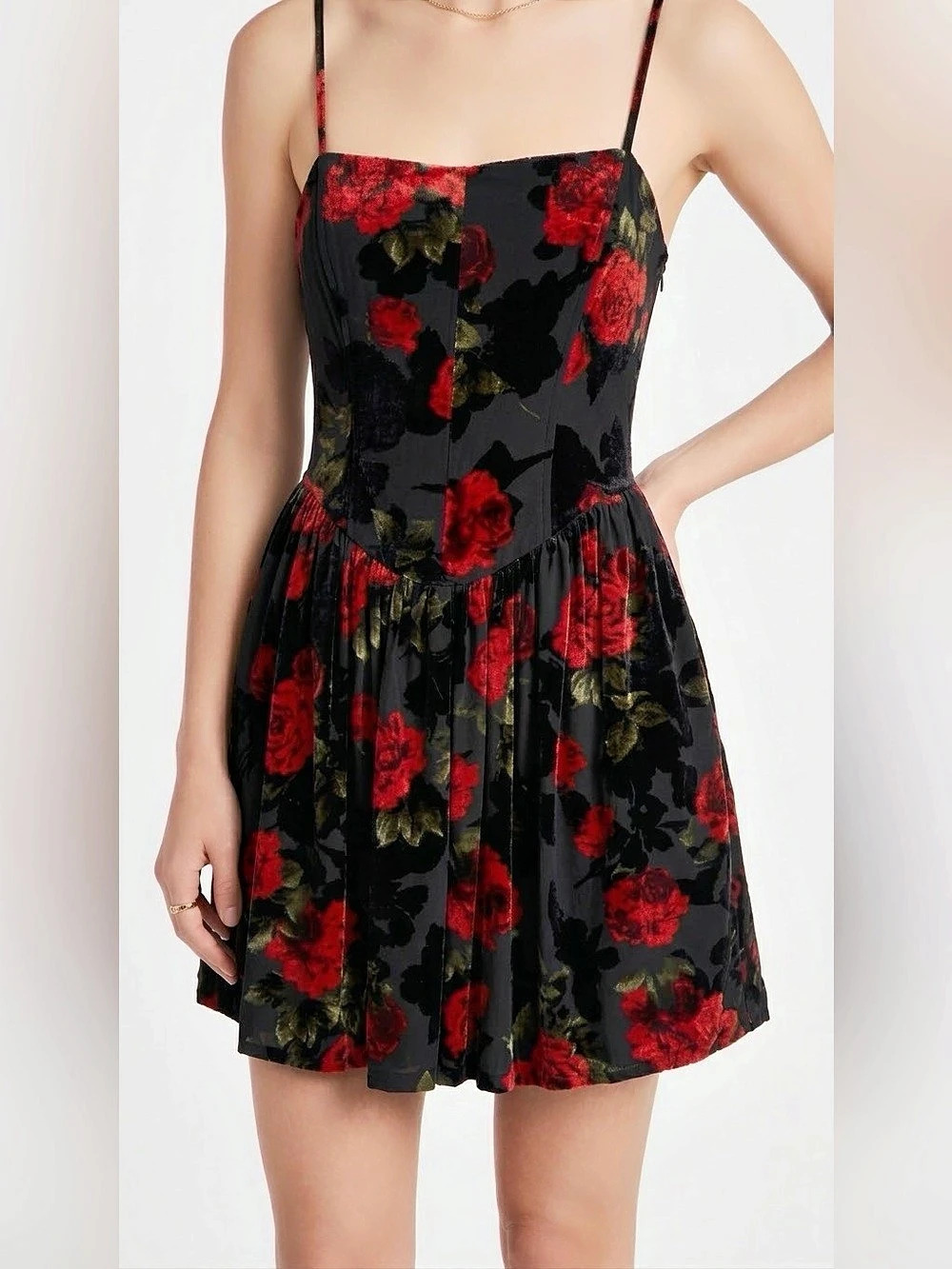 NWT Black Red Floral Velvet Burnout Mini Dress Corset Skater Holiday Party GNO